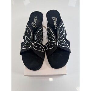 NEW Onex Rhinestone Butterfly Black Silver Chrome Wedge Heel Sandal 7M